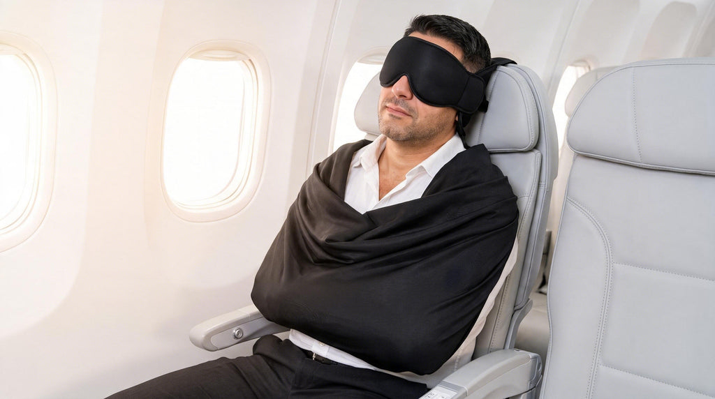 NapNest 3-in-1 Travel Sleep Support Set in use on a flight